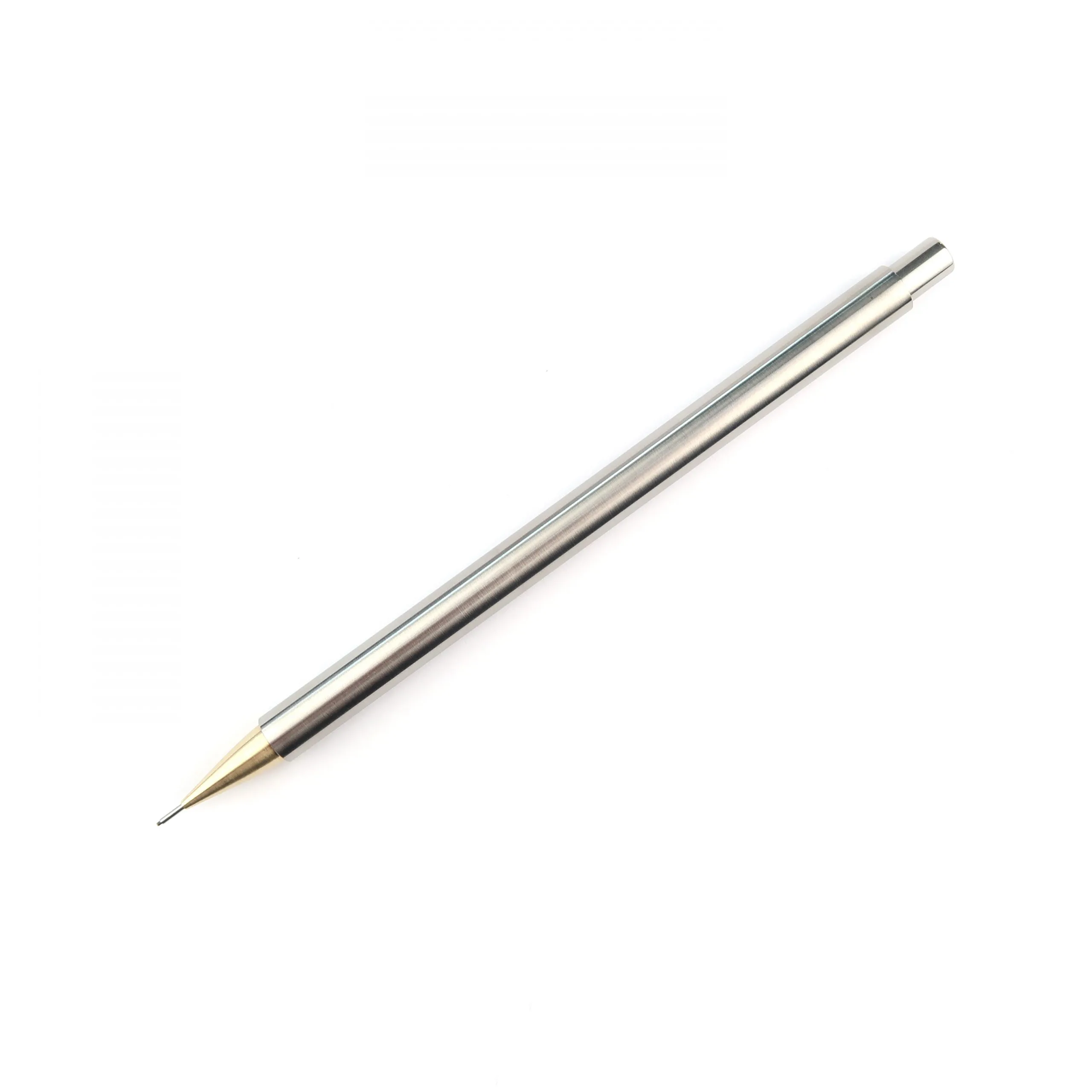 Perspective view of a Nicholas Hemingway Stainless Steel Mechanical Pencil with a brushed steel barrel and solid brass technical nib.