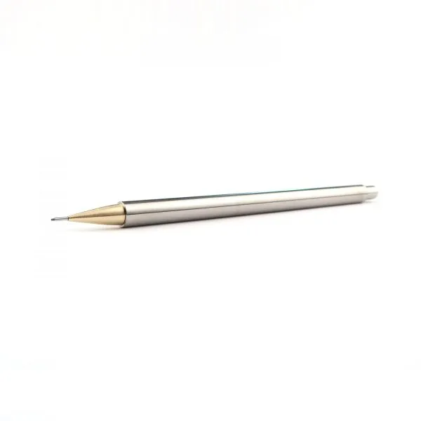 Horizontal profile of a Nicholas Hemingway Stainless Steel Mechanical Pencil featuring a brushed steel barrel and a contrasting solid brass nib.