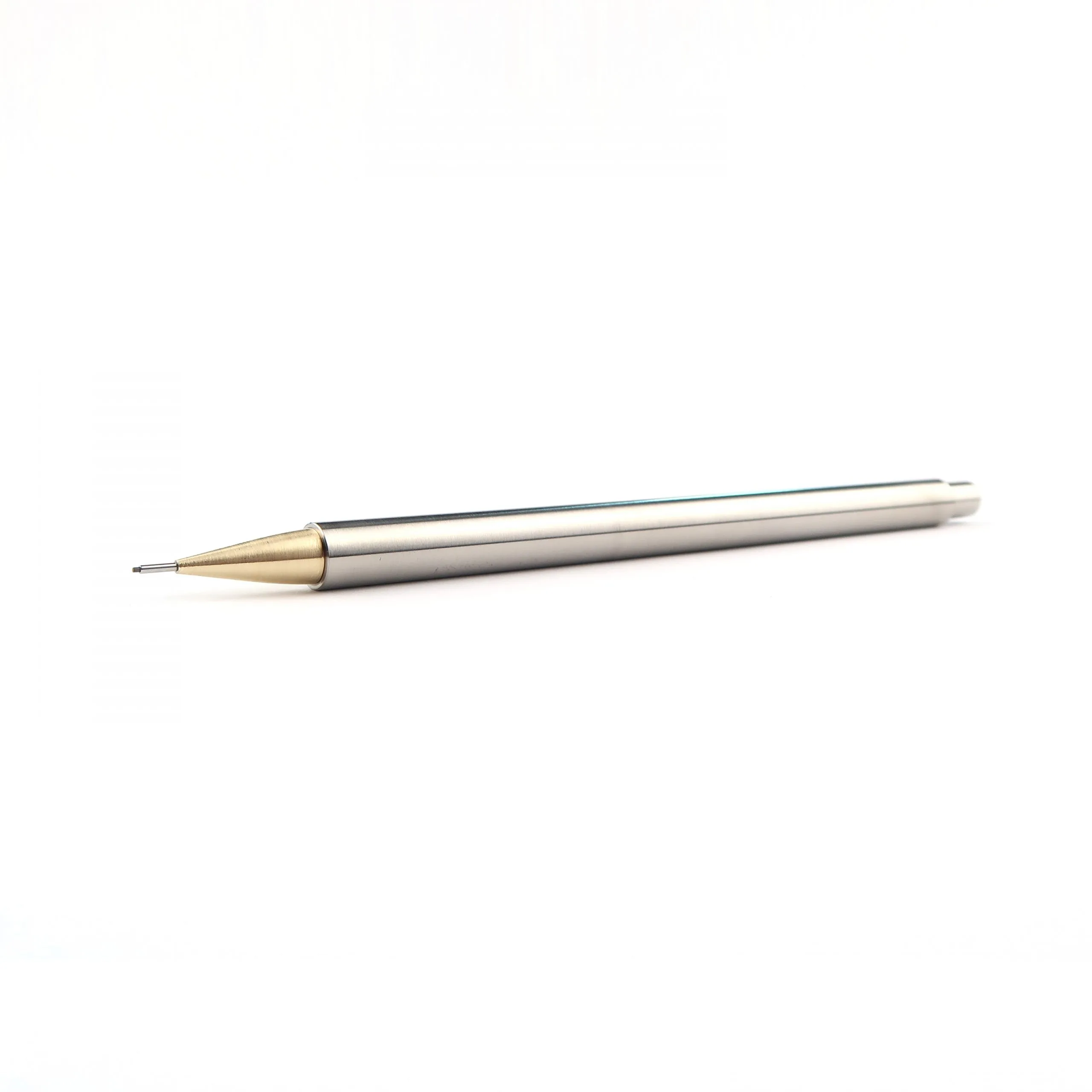 Horizontal profile of a Nicholas Hemingway Stainless Steel Mechanical Pencil featuring a brushed steel barrel and a contrasting solid brass nib.