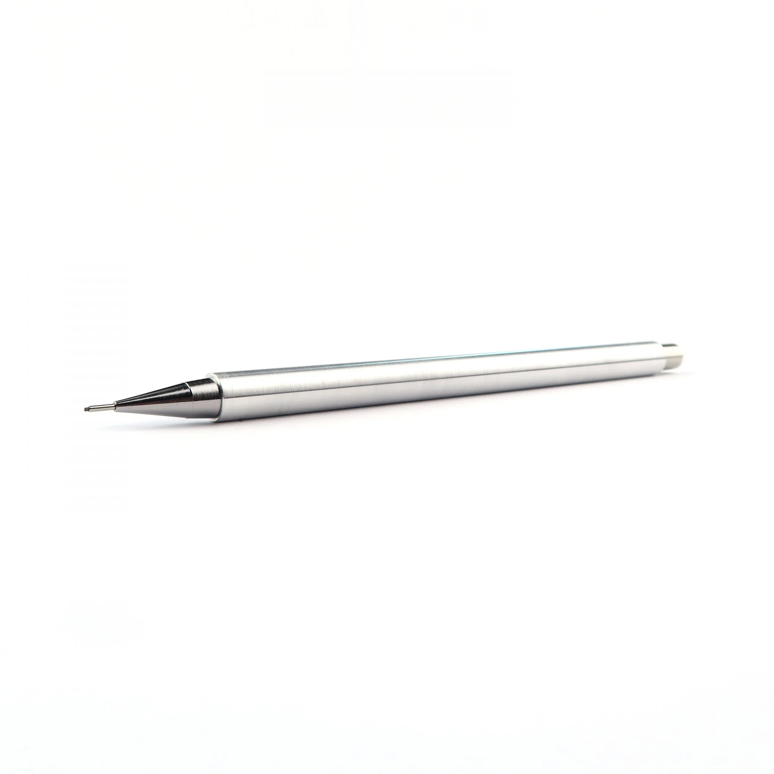 Horizontal perspective of a Nicholas Hemingway Aluminum Mechanical Pencil with a satin aluminum barrel and stainless steel technical hardware.