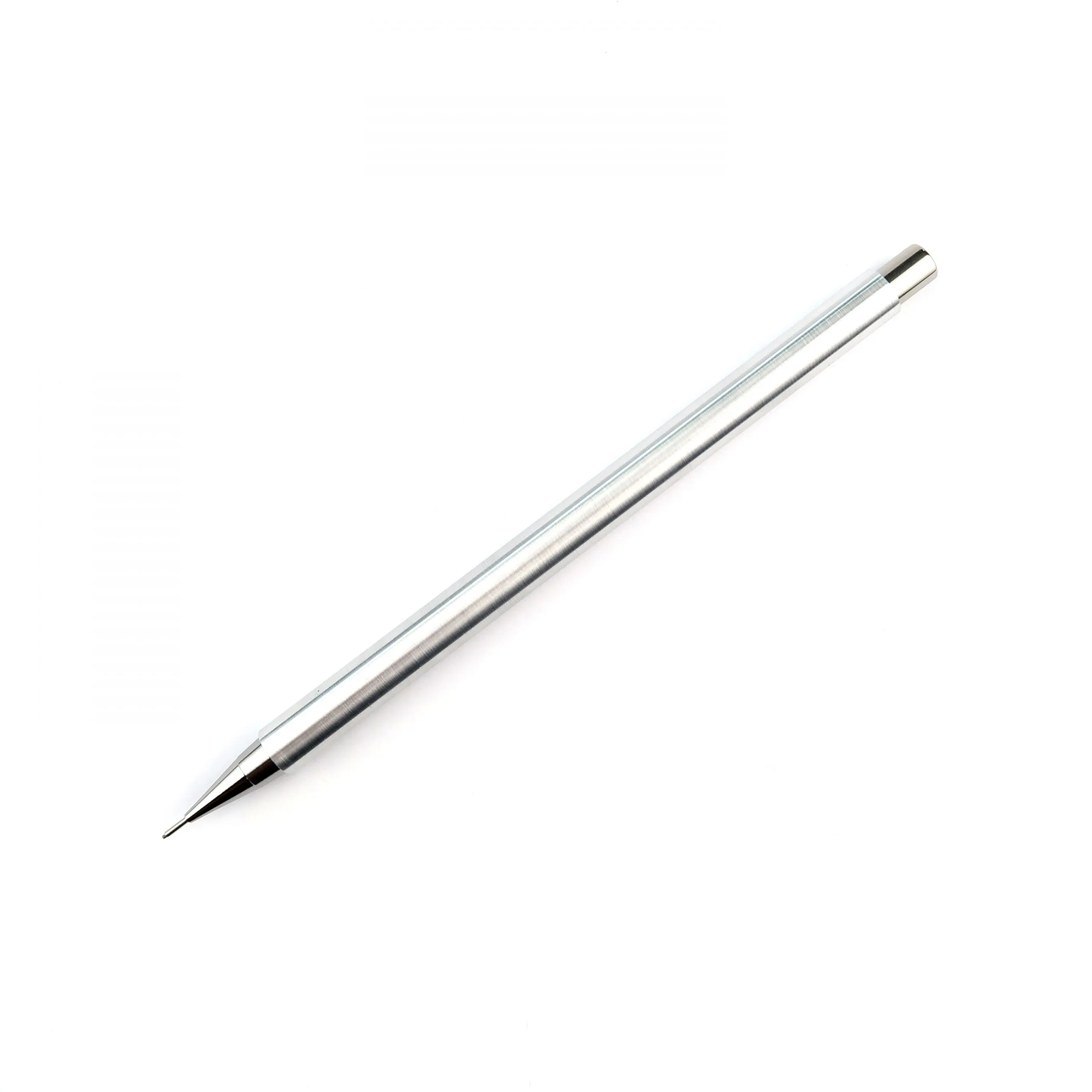 High-angle perspective of a Nicholas Hemingway Aluminum Mechanical Pencil featuring a brush-satin-finished barrel and precision stainless steel nib.