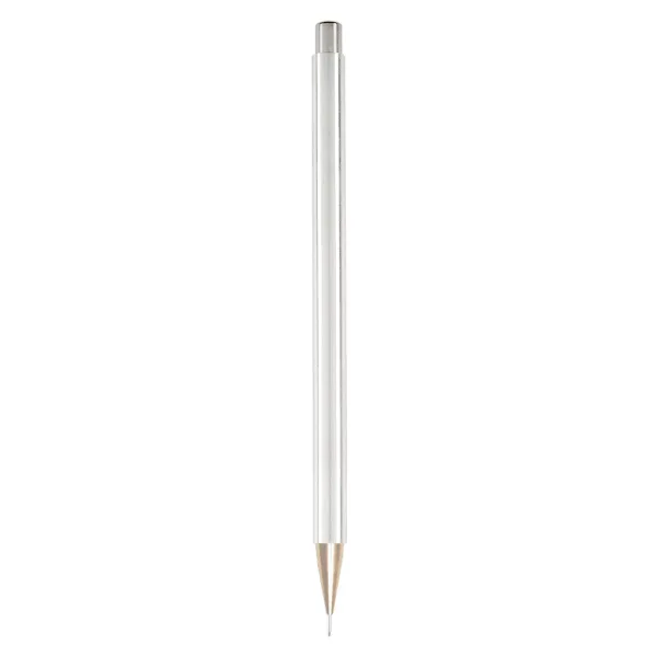 Vertical profile of a Nicholas Hemingway handmade aluminium mechanical pencil featuring a contrasting brass nib.