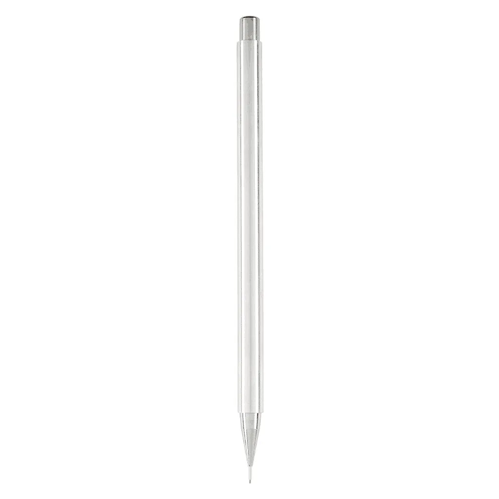 Vertical view of a Nicholas Hemingway handmade aluminium mechanical pencil featuring a precision-turned stainless steel nib.