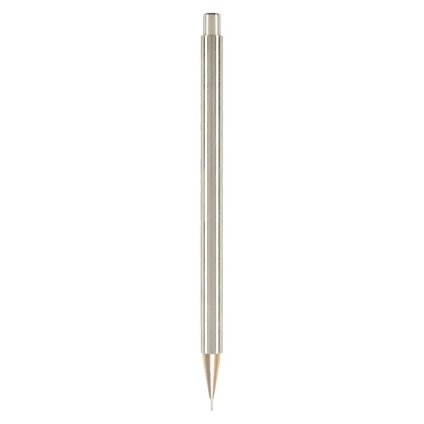 Vertical view of a Nicholas Hemingway handmade stainless steel mechanical pencil with a contrasting custom-turned brass nib.