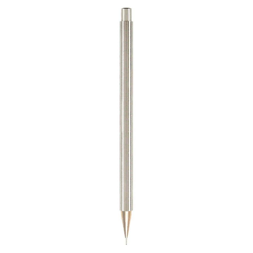 Vertical view of a Nicholas Hemingway handmade stainless steel mechanical pencil with a contrasting custom-turned brass nib.