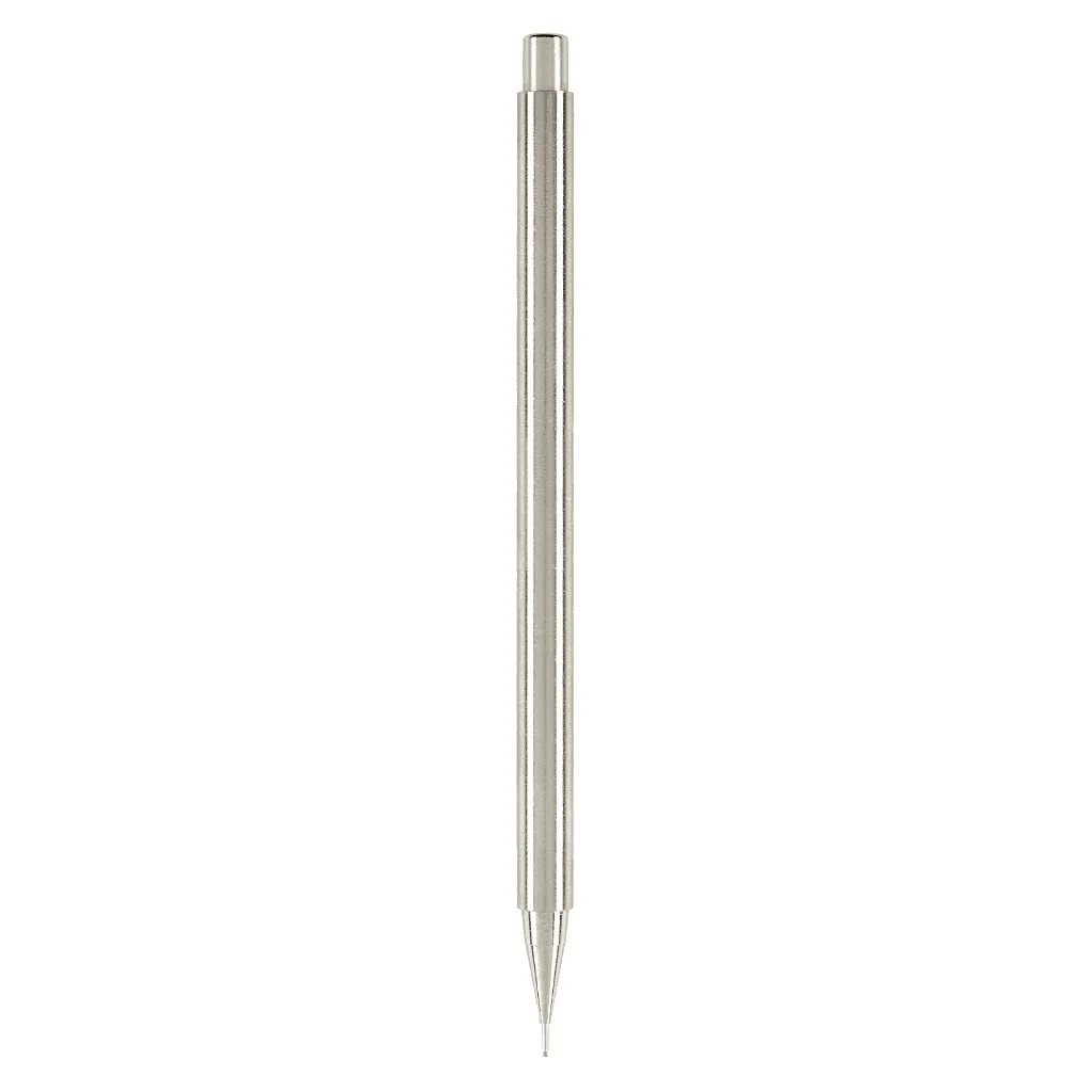 Vertical profile of a Nicholas Hemingway handmade stainless steel mechanical pencil with a matching steel nib on a transparent background.