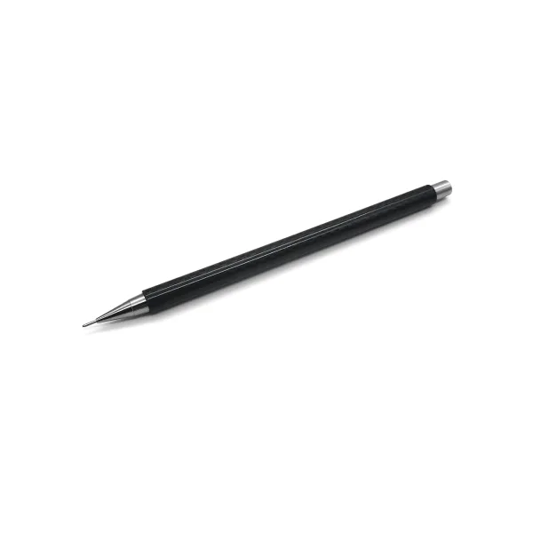 Profile view of a Nicholas Hemingway handmade gloss carbon fiber mechanical pencil with a visible 3D weave pattern and stainless steel nib.