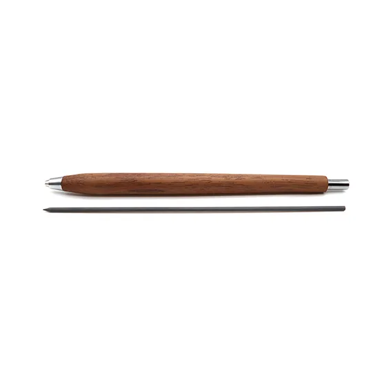 Horizontal view of a Nicholas Hemingway 2mm Walnut Clutch Pencil and its graphite lead refill, showcasing the hand-turned wood barrel and chrome hardware.