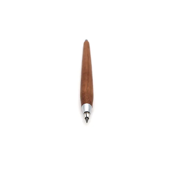 Vertical view of a Nicholas Hemingway 2mm Walnut Clutch Pencil, featuring a hand-turned walnut barrel and a stainless steel technical drawing nib.