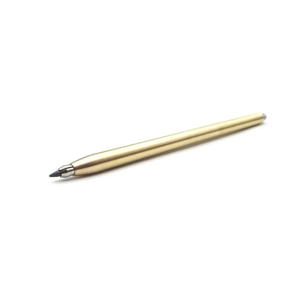 2mm brass mechanical pencil precision-engineered in the UK showing brass clutch tip and angled barrel shot