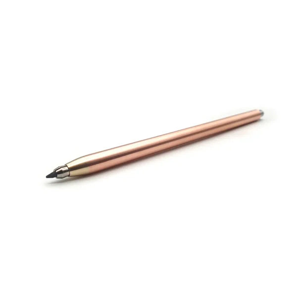 2mm copper mechanical pencil precision-engineered in the UK showing brass clutch tip and angled barrel shot